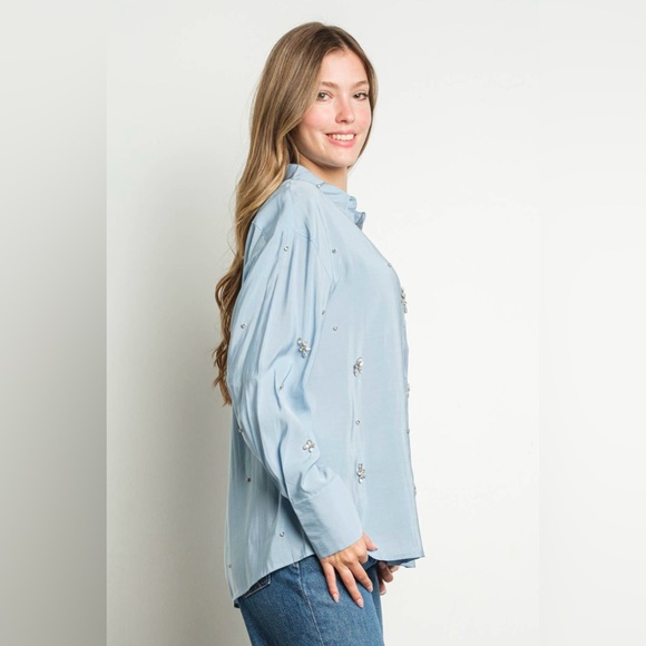 NWT EMERY Rhinestone Embellished Long Sleeve Shirt | Blue - Picture 5 of 7